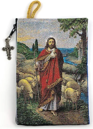 Vista 2 de TREE OF LIFE REV. 2214 Bolsa de rosario católico, Jesús el Buen Pastor y Salmo 23, 4 x 6 pulgadas, joyería y monedero con cruz, pequeña bolsa tejida