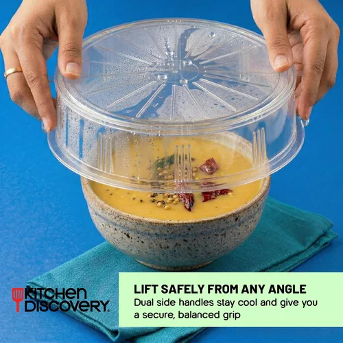 Vista 4 de Kitchen Discovery - Cubierta para microondas a prueba de salpicaduras, protege contra salpicaduras y salpicaduras. Cubierta transparente