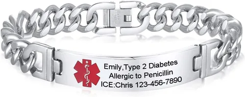 Vista 7 de VNOX Pulsera de identificación de alerta médica con grabado gratuito para hombres y mujeres, etiqueta médica, cadena de eslabones de acero inoxidable