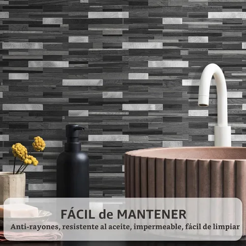Vista 3 de STICKGOO Azulejo de protección contra salpicaduras para despegar y pegar, para cocina y baño, aspecto de madera negra y gris, PVC, mezcla de metal