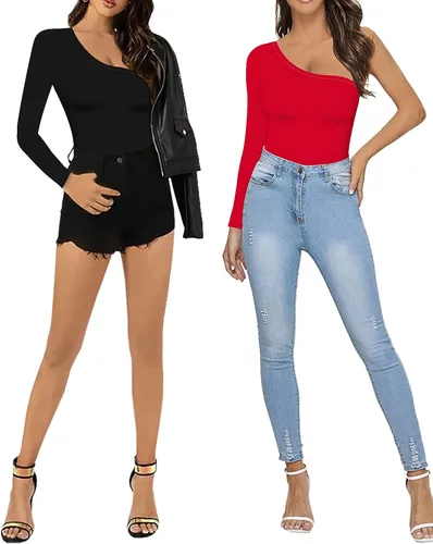 Vista 5 de MANGOPOP Women's One Shoulder Off Sleeveless Long Sleeve Tank Top Bodysuit Jumpsuits