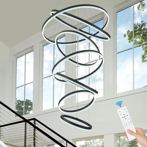 Vista 19 de Benkut Lámpara de Araña de Anillo LED Moderna Negra para Comedor, Lámpara de Araña de Techo Circular Empotrada Regulable con Control Remoto