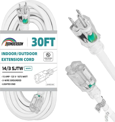 Vista 11 de Cable de extensión resistente a la intemperie con extremo iluminado, certificado UL, calibre 10, 3 pies, color blanco, 3 clavijas, resistente, cable