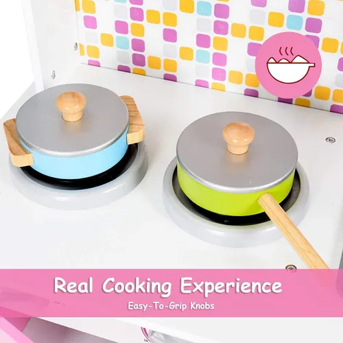 Vista 6 de ARLIME Juego de cocina para niños, cocina de juguete de madera con fregadero extraíble, microondas, utensilios de cocina, armario de almacenamiento