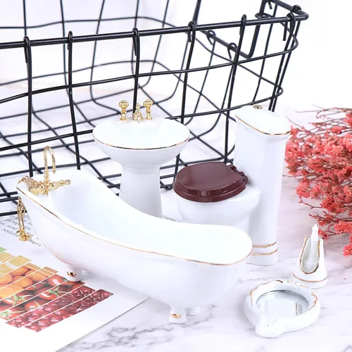 Vista 4 de 1:12 Juego de baño de porcelana en miniatura para casa de muñecas, 5 piezas, lavabo de cerámica blanca, espejo de bañera, muebles en miniatura