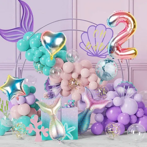 Vista 3 de Globos de sirena, suministros para fiesta, decoración de ramo de globos de 4º cumpleaños, globos de conchas de sirena para fiesta de cumpleaños