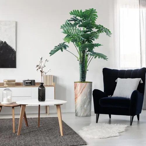 Vista 9 de Árbol artificial en macetero con efecto de granito moderno, ave del paraíso artificial de seda para decoración del hogar en interiores y exteriores