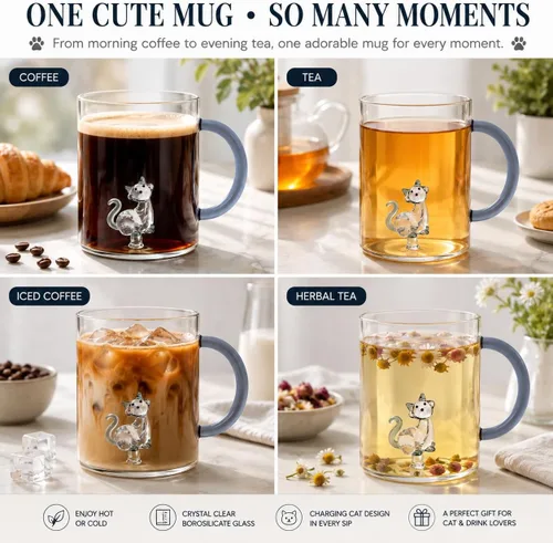 Vista 5 de WD Lifestyle Taza de vidrio de borosilicato de 14.2 onzas líquidas (gato)
