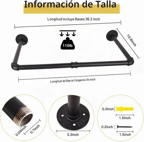 Vista 5 de Perchero de pared de 36 pulgadas, barra de ropa industrial de hierro negro, barra de ropa desmontable de alta resistencia, poste colgante de metal