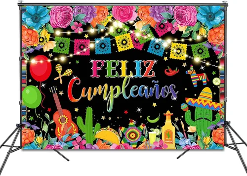 Vista 2 de Telón de fondo de Feliz Cumpleaños de 7 x 5 pies, fiesta mexicana, decoración de fiesta de feliz cumpleaños, cartel de fiesta de cumpleaños