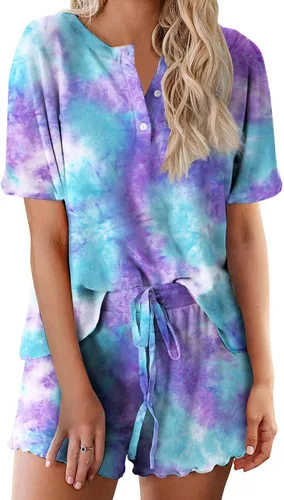 Vista 40 de Ekouaer Conjunto de pijamas teñidos con técnica tie dye para mujer, ropa de dormir, 2 piezas, conjuntos de pijamas, ropa de relajación A-tie Dye