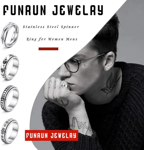 Vista 3 de FUNRUN JEWELRY Anillo de acero inoxidable para la ansiedad para mujeres y hombres, anillos giratorios de luna y estrella celta para aliviar