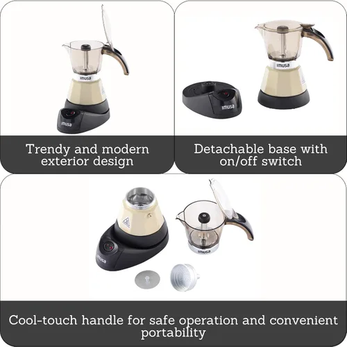 Vista 2 de IMUSA Cafetera eléctrica de almendras de 3 o 2 tazas, cafetera moka compacta con función de mantener el calor, base desmontable, cafetera de leche