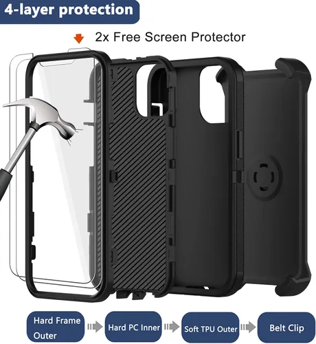 Vista 3 de Funda para iPhone 11 Pro Max con funda de clip para cinturón, 2 protectores de pantalla, protección contra caídas de grado militar, cuerpo completo