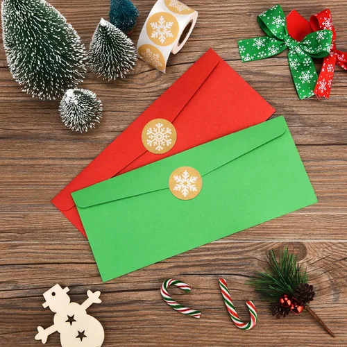 Vista 5 de 100 Piezas Sobres Número 10 Sobres para Tarjetas de Regalo con 200 Piezas Calcomanías de Copos de Nieve de Papel Kraft de Navidad Calcomanías