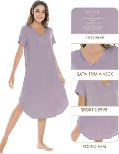 Vista 3 de NACHILA Camisones para mujer, viscosa hecha de bambú, cuello en V, manga corta, ropa de dormir fresca S-2X