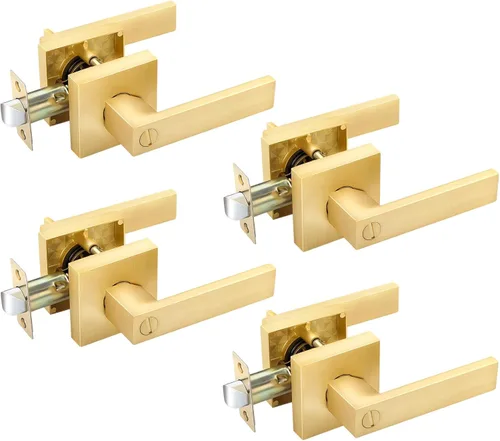 Vista 23 de EHOMEWARE - Juego de manijas de puerta delantera doble de latón, manija de puerta de latón cuadrado resistente en oro y cerradura de un solo