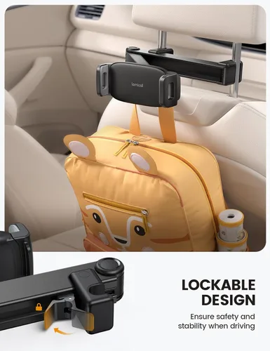 Vista 2 de Lamicall Soporte para tablet con reposacabezas de automóvil, con bloqueo, brazo de extensión 3 en 1, soporte de tableta mejorado para asiento