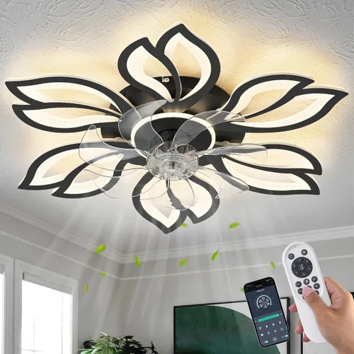 Vista 10 de Ventilador de techo de perfil bajo con control remoto y aplicación, motor silencioso y luz LED regulable, ventilador de techo de montaje empotrado