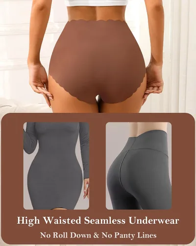 Vista 3 de ASIMOON - Ropa interior de cintura alta sin costuras para mujer, suave y elástica, sin marcas, bragas de cobertura completa, paquete múltiple
