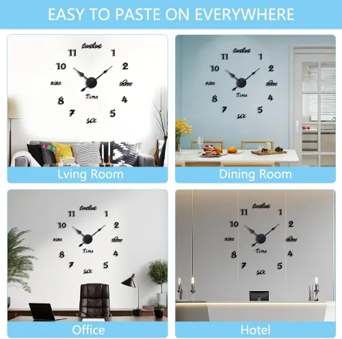 Vista 3 de Moderno reloj de pared grande sin marco, funciona con pilas, espejo 3D, relojes de pared decorativos para decoración de sala de estar (negro)
