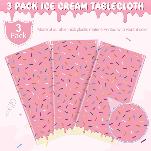 Vista 4 de 3 Piezas Mantel de Donas con Chispitas, Mantel de Mesa de Helado Rosa, Cubiertas de Mesa Rectangulares de Plástico Desechable para Niña Bebé Dulce