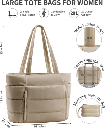 Vista 3 de Bolsa Tote Acolchada para Mujeres, Bolsa de Mano de Trabajo Ligera y Esponjosa para Maestras y Enfermeras, Bolsa de Hombro Acolchada para Escuela