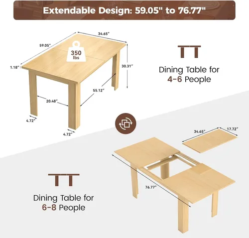 Vista 2 de Miereirl Mesa de comedor extensible de 59 a 77 pulgadas para 6 a 8, mesa de cocina rectangular que ahorra espacio con extensión fácil de sacar