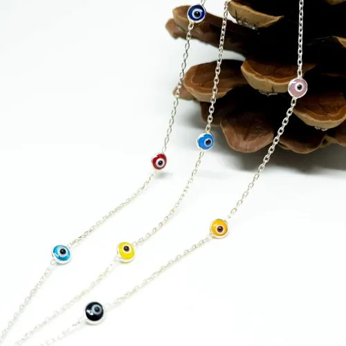 Vista 6 de Pulseras de plata de ley 925 con protección de cadena de triple capa, pulsera azul Ojo Turco para mujer, joyería bohemia delicada para mujer