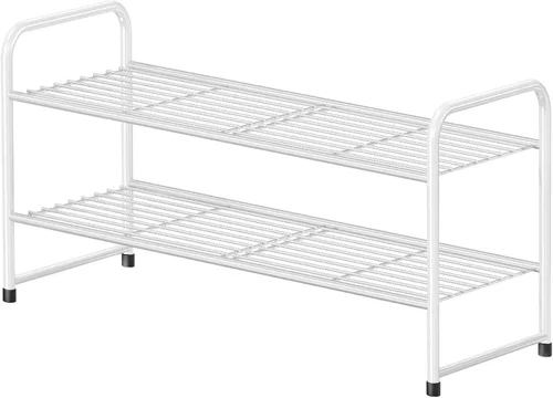 Vista 11 de Zapatero simple de 2 niveles y 27 pulgadas de ancho, estante organizador de zapatos de metal resistente para entrada, puerta delantera, color negro