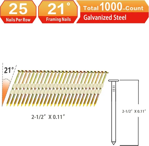 Vista 2 de Clavos enmarcados, paquete de uñas de cabeza redonda de 21°, uñas galvanizadas, vástago de anillo (2-1/2 "-1000 piezas) Round Head Nail for 20 to
