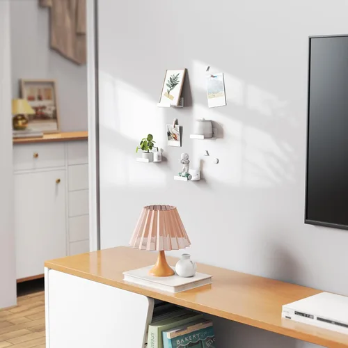 Vista 5 de Estantes de pared flotantes de acrílico para cámaras de seguridad, monitores de bebé, altavoces, estante de pared pequeño blanco con cintas