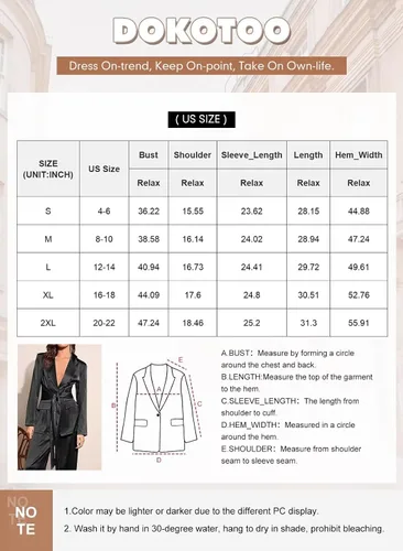 Vista 5 de Dokotoo Blazer de satén de manga larga con solapa para mujer, casual, con lazo en la cintura, chaqueta de trabajo y oficina con bolsillos
