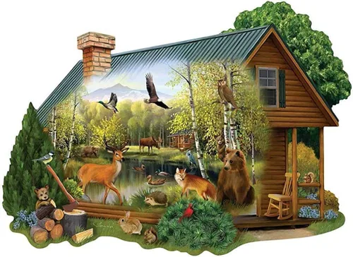 Vista 10 de Bits and Pieces Rompecabezas de 300 piezas para adultos - Cabaña en la naturaleza - Rompecabezas de animales del bosque por el artista Thomas Wood