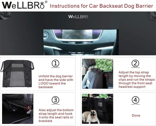 Vista 13 de Barrera de Asiento Trasero para Perros en Coche, Barrera de Nylon Acolchada y Duradera para Mascotas, Barrera de Viaje para Vehículos con 2 Ventanas