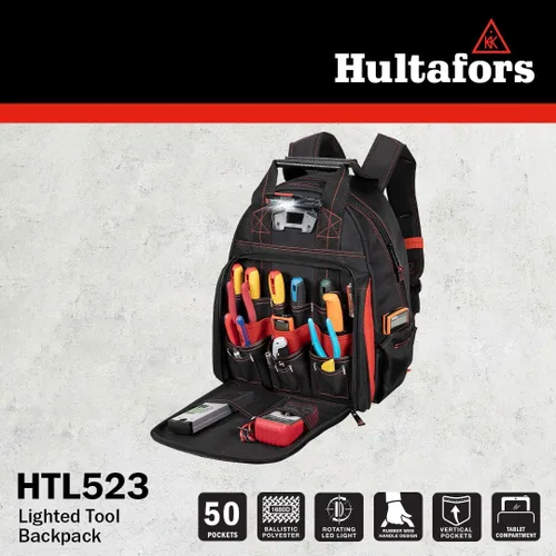 Vista 8 de Hultafors Work Gear HTL523 Mochila iluminada para herramientas, 50 bolsillos, portaherramientas de poliéster balístico resistente, luz giratoria