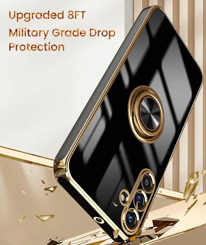 Vista 7 de Dretal Funda para Samsung Galaxy A15 5G, protector de pantalla, soporte de anillo giratorio de 360°, soporte magnético, borde dorado plateado, funda