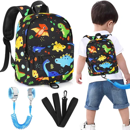 Vista 10 de Accmor Arnés de mochila de dinosaurio para bebés con correa para niños pequeños con eslabón de muñeca antipérdida, bonita bolsa de guardería