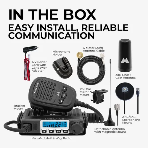 Vista 2 de Midland – MXT115AGVP3 - Radio MicroMóvil Bidireccional GMRS de 15 Vatios - Radio para Exteriores, Granja y Todo Terreno - Antena Fantasma de 3dB