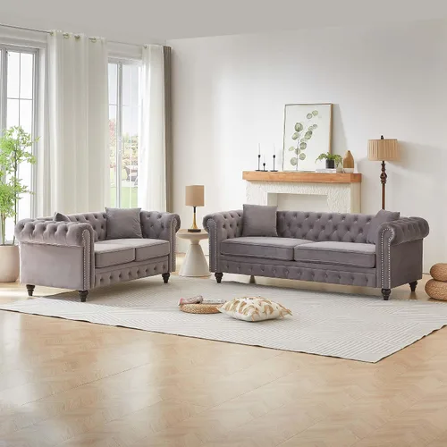 Vista 14 de Harper & Bright Designs Sofá Chesterfield de terciopelo de 62 pulgadas de dos plazas, moderno y clásico con brazo enrollado con botones y decoración