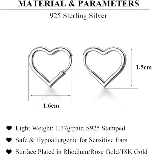 Vista 7 de SLUYNZ Aretes de aro de plata de ley 925 de 0.6in con forma de corazón para mujeres, adolescentes y niñas, aretes de corazón de amor dulce, Metal