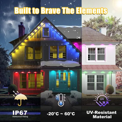 Vista 7 de Luces permanentes para exteriores, 50 pies, RGB+IC alero para casa IP67 Waterproof Smart LED Outdoor Lights with 16M Colors, App/Remote Control