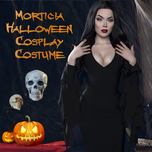 Vista 6 de Morticia Addams - Vestido de Halloween para mujer adulta, disfraz familiar Addams, vestido largo con cuello en V y manga larga