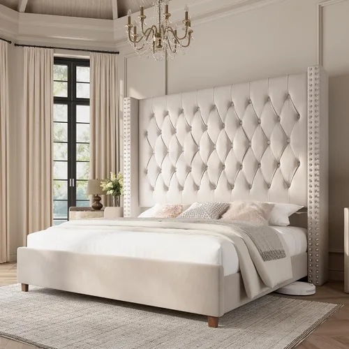 Vista 9 de PaPaJet Base de cama Queen de 61.4 pulgadas de alto, cabecera tapizada