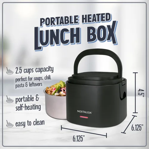 Vista 2 de Nostalgia Fiambrera portátil calentada – Calentador de alimentos de acero inoxidable de 2.5 tazas – Cable desmontable, tapa a prueba de fugas, asa