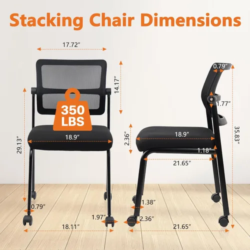 Vista 3 de CLATINA Silla de oficina apilable sin brazos con ruedas, sillas apilables de malla para recepción de invitados con respaldo ajustable para sala