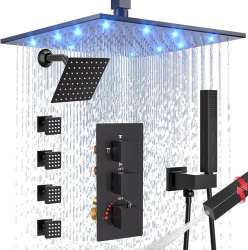 Vista 12 de Enga Juego de grifo de ducha termostático, cabezal de ducha LED de 12 pulgadas con cabezal de ducha doble de 6 pulgadas, juego de grifo de ducha