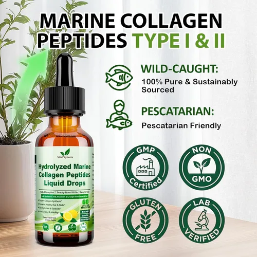 Vista 3 de Gotas líquidas de péptidos de colágeno marino, colágeno hidrolizado tipo I y III con extracto de semilla de uva con vitamina C E