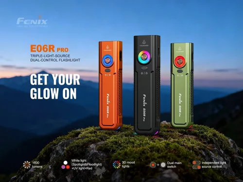 Vista 4 de Fenix E06R Pro 1600 lúmenes 4 en 1 linterna plana recargable EDC con haz rojo, luz UV, foco/reflector con estuche EdisonBright Acc (verde)