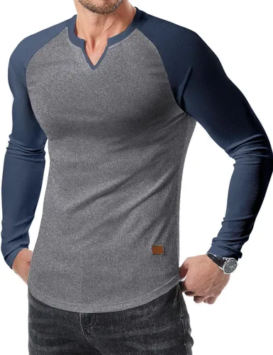 Vista 11 de JMIERR Camisetas de manga larga para hombre, estilo casual, cuello en V Negro+Blanco